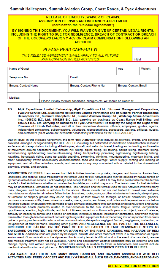 Form titled 'Summit Helicopters, Summit Aviation Group, Coast Range, & Tyax Adventures' with a yellow section labeled 'RELEASE OF LIABILITY, WAIVER OF CLAIMS, ASSUMPTION OF RISKS AND INDEMNITY AGREEMENT' outlining legal terms for helicopter activities, including spaces for guest information, medical conditions, and emergency contacts, and a detailed waiver and assumption of risks clause.