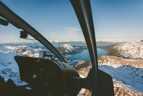 Winter view of mountains from helicopter. 
