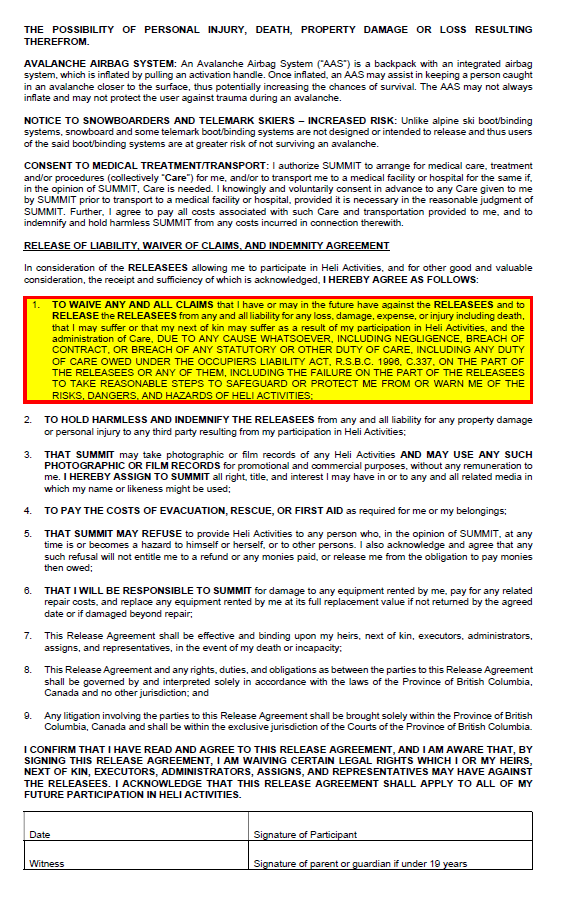 A legal waiver form for snowboarding, including sections for claims waiver, medical treatment consent, liability release, and participant acknowledgment, with highlighted text emphasizing the waiver of claims and acceptance of risks.