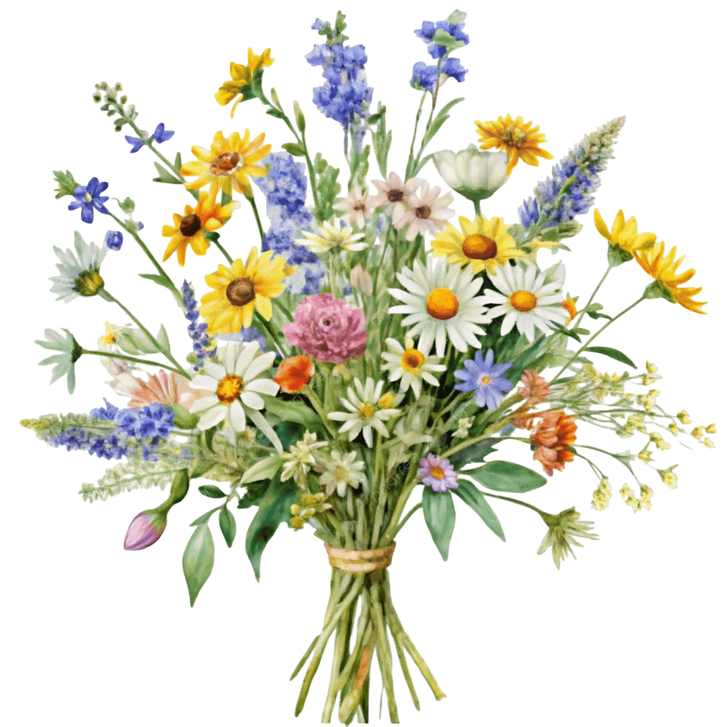 A colorful bouquet of various flowers including daisies, lavender, and other wildflowers against a black background.