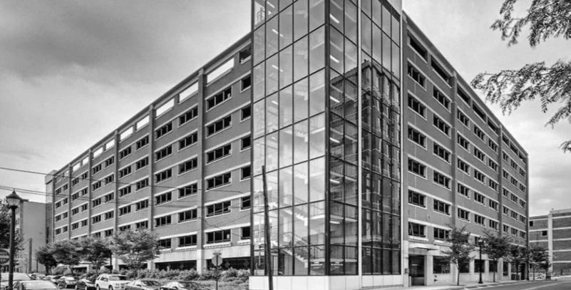 Hudson tea parking garage in black and white
