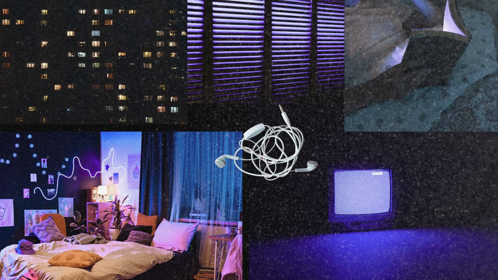 Nighttime bedroom moodboard with apartment windows, purple-lit blinds, rumpled bedding, tangled headphones, a cozy bedroom, and a glowing CRT television.