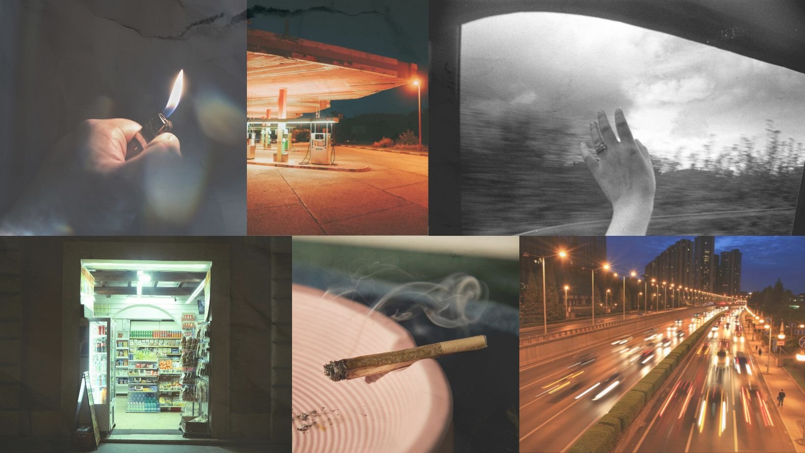 Late-night road trip moodboard featuring a gas station, lighter, open road, convenience store, smoking joint, and city traffic.