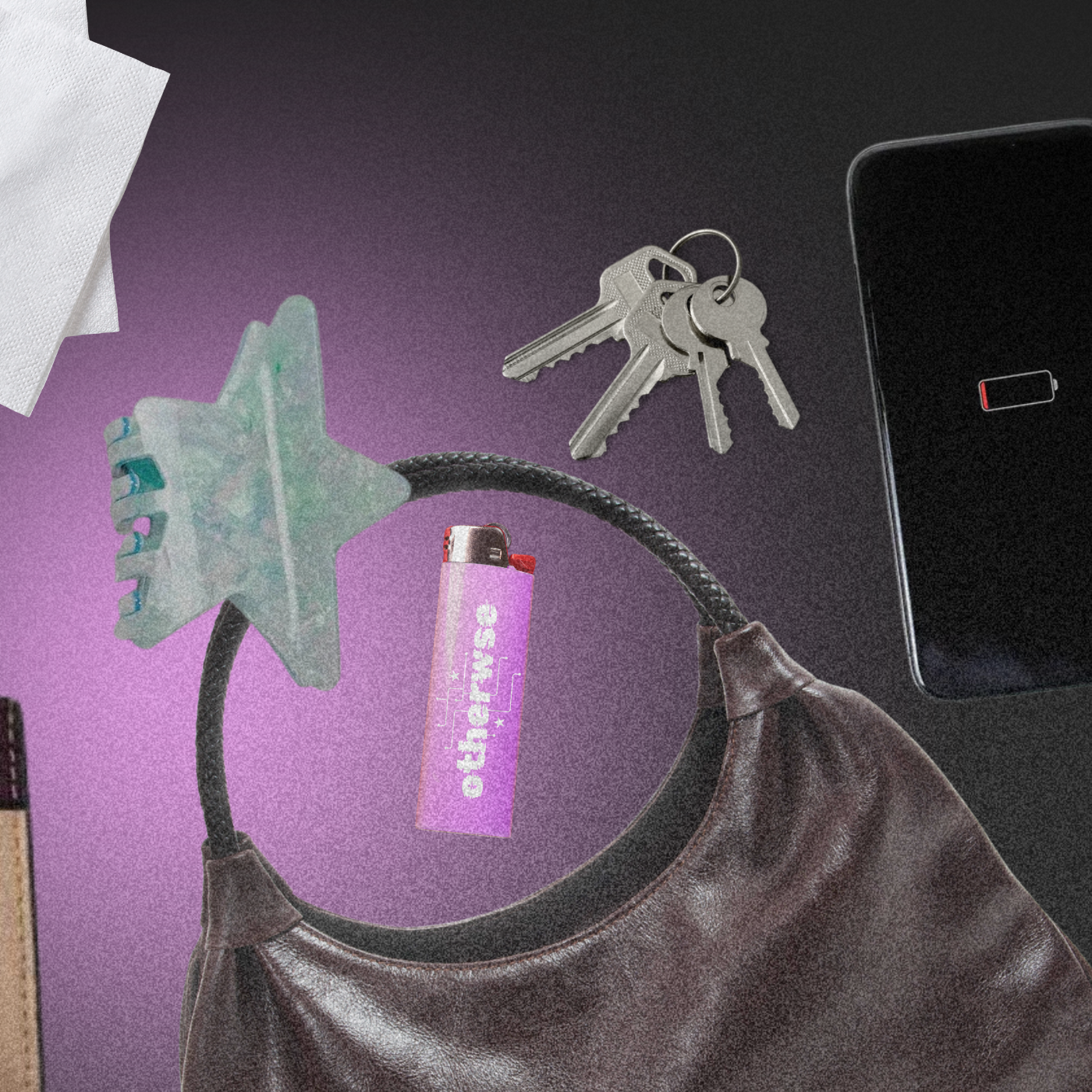 Collage of a brown leather shoulder bag, star-shaped hair claw clip, silver keys, low-battery smartphone, pink lighter, and cocktail napkin on a black and purple gradient background for an otherwse editorial about morning-after essentials.