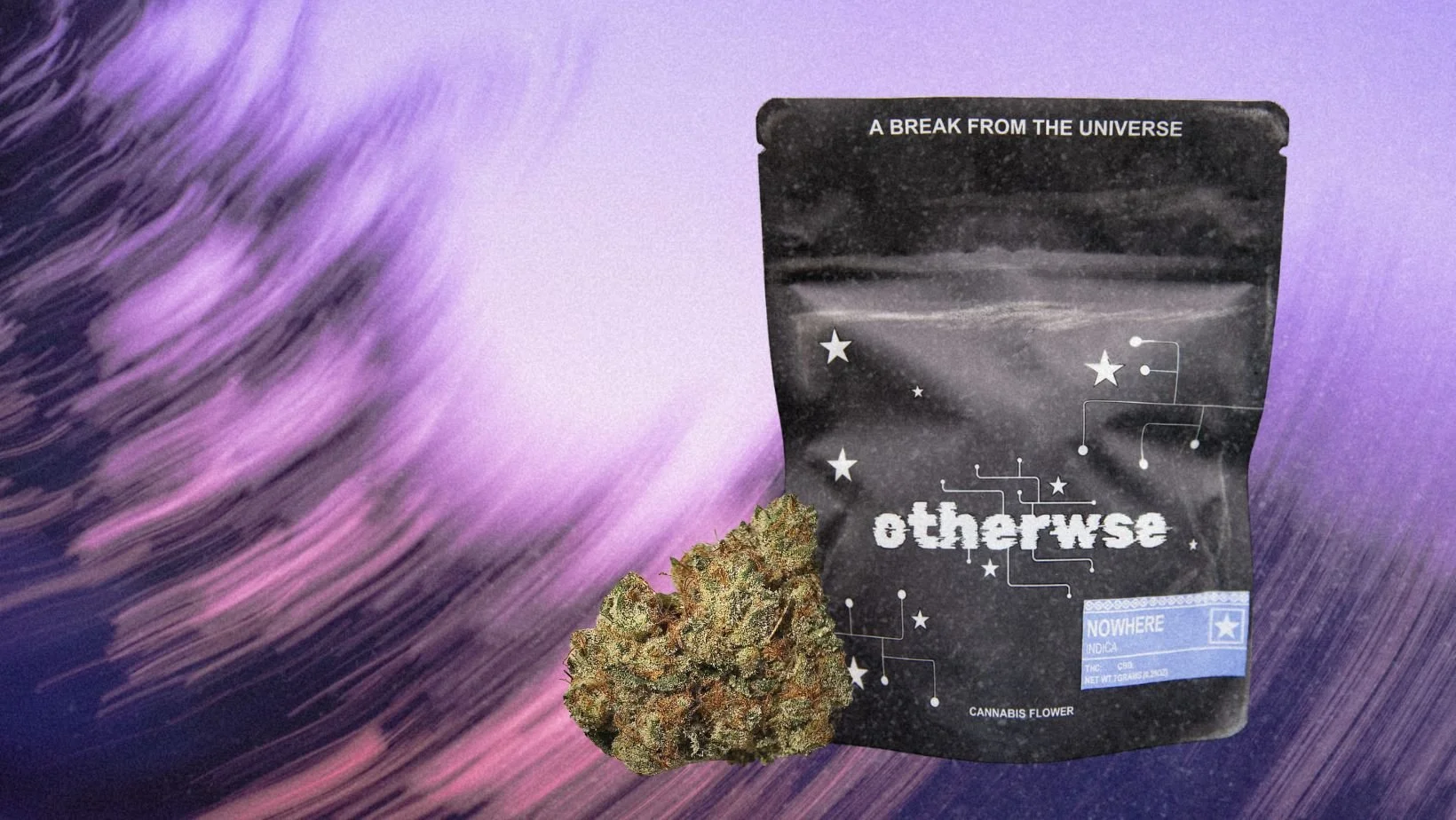 otherwse NOWHERE 7g indica flower bag beside cannabis flower against a blurred purple and pink background.