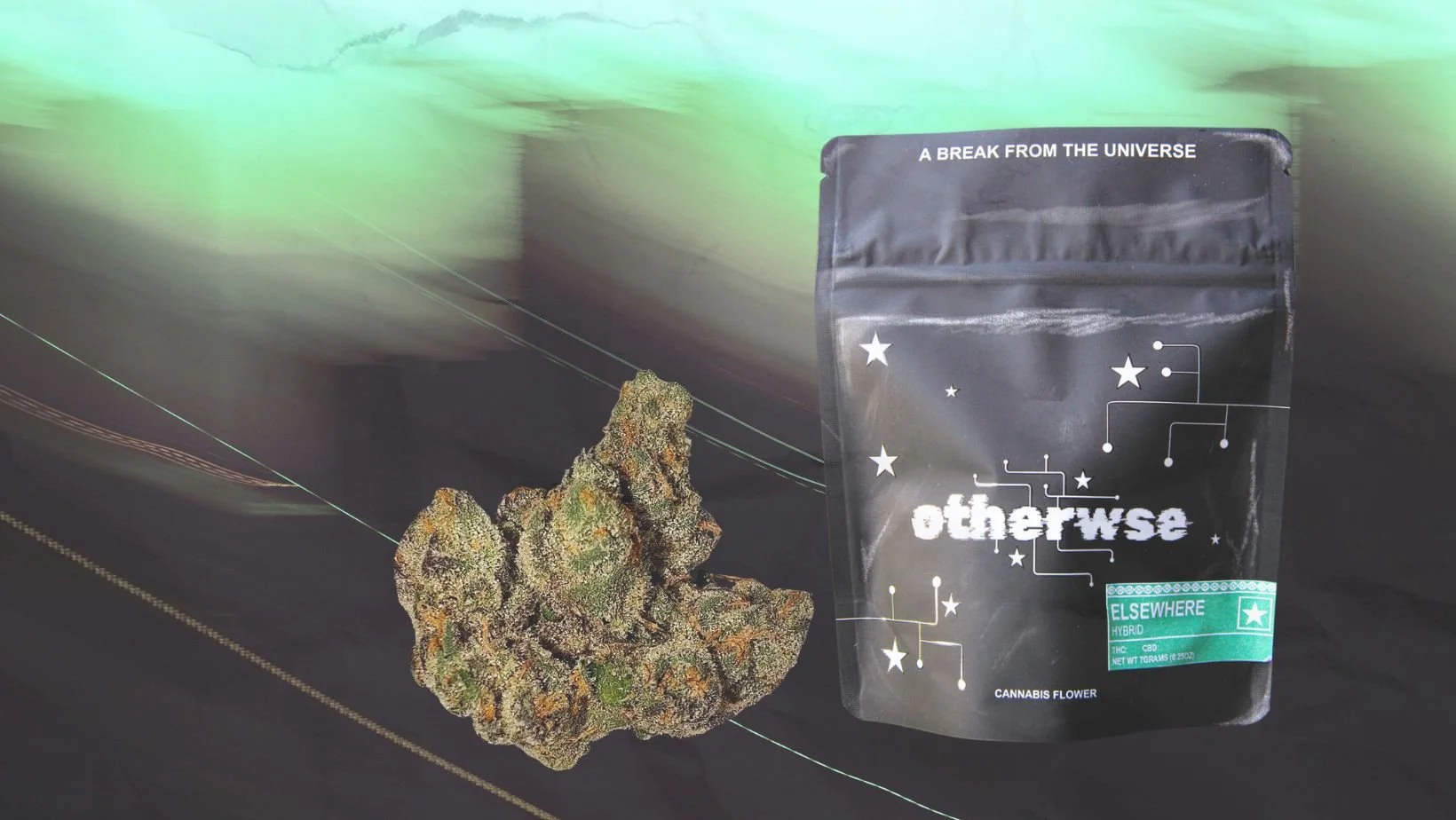 otherwse ELSEWHERE 7g cannabis flower bag beside a large cannabis flower bud in a dark car interior.