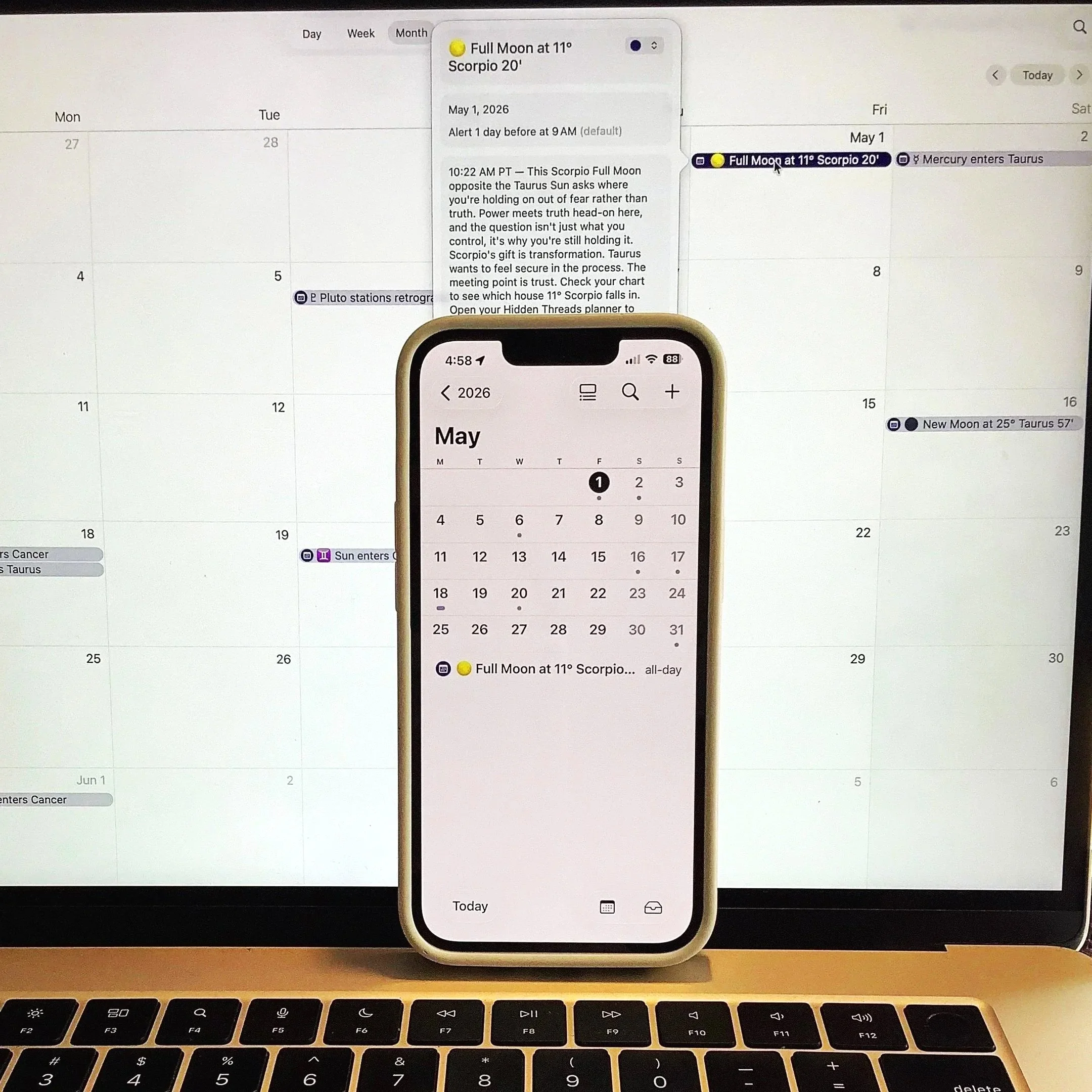 The Hidden Threads Co Transit Calendar — every new moon, full moon, retrograde, and eclipse delivered directly to your calendar with planner-integrated prompts for each moment.