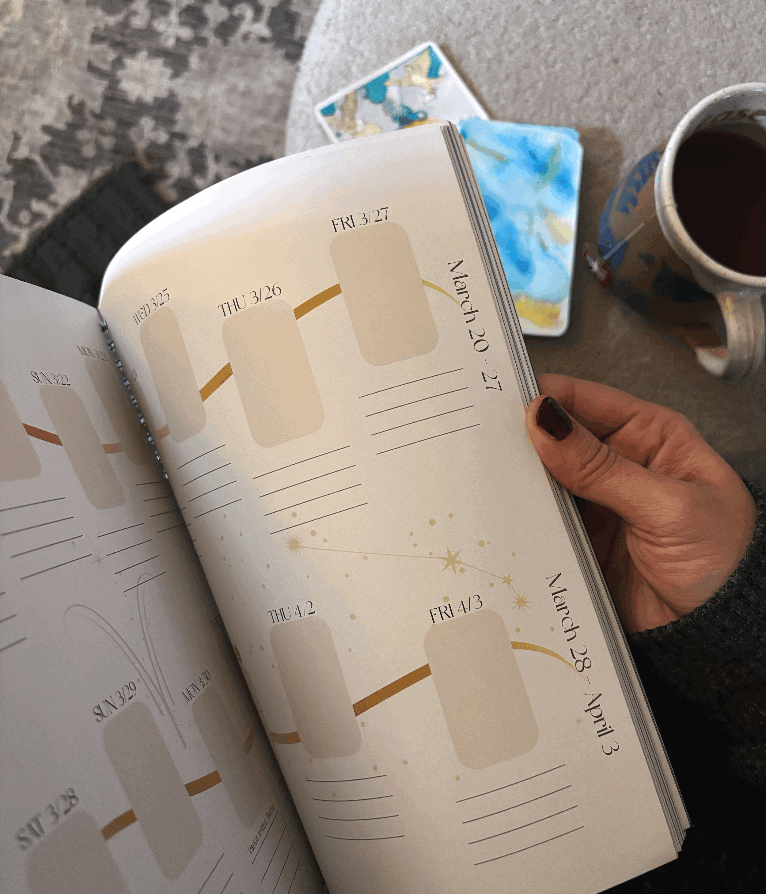 Interior view of the Hidden Threads planner's weekly layout for March 2026, showing the minimalist, open-dated design for daily cosmic tracking.