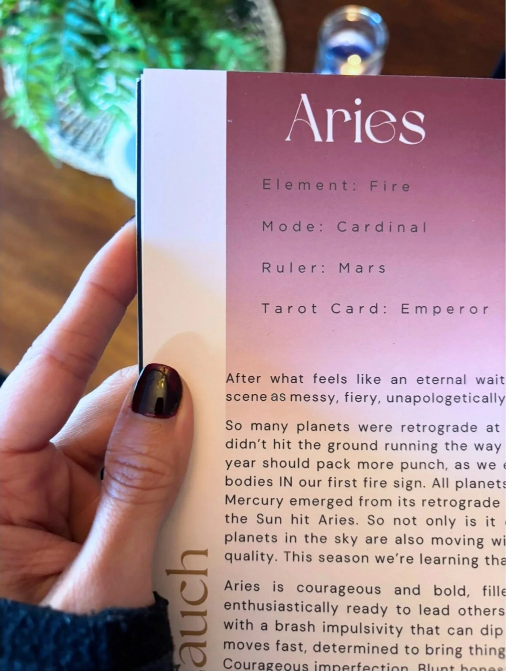 Detail view of the Aries season introduction in the Hidden Threads planner, listing Fire element, Cardinal mode, and Mars ruler details.