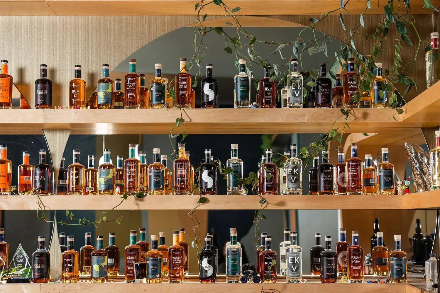 Wooden shelves displaying various bottles of liquor, decorated with green vines and small figurines.
