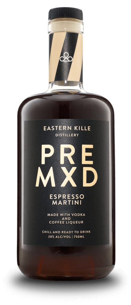 Bottle of Eastern Kille Premixed Espresso Martini with vodka and coffee liqueur.