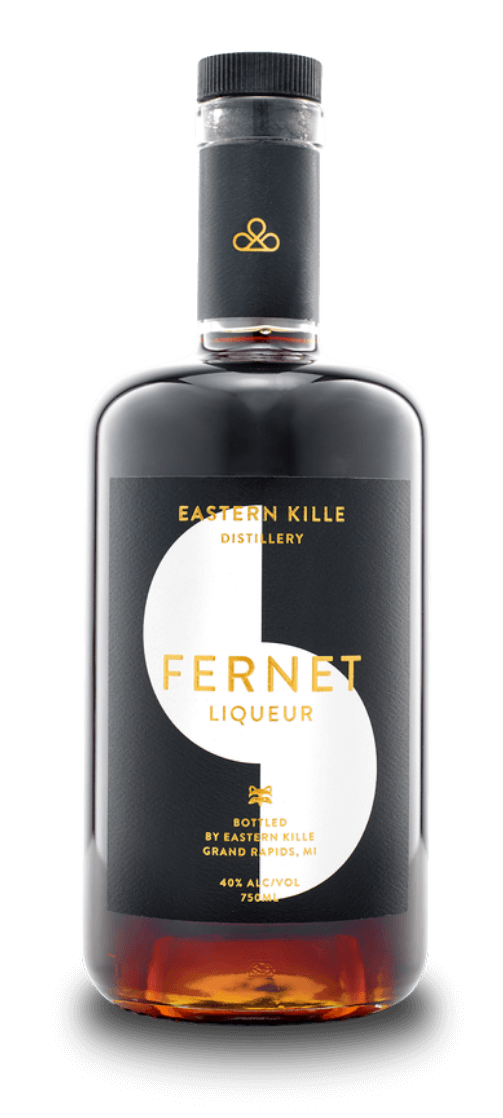 A bottle of Fernet liqueur from Eastern Kille Distillery. The label is black with a large white 'S' shape and gold text, indicating it is bottled in Grand Rapids, MI with 40% alcohol and 750ml volume.