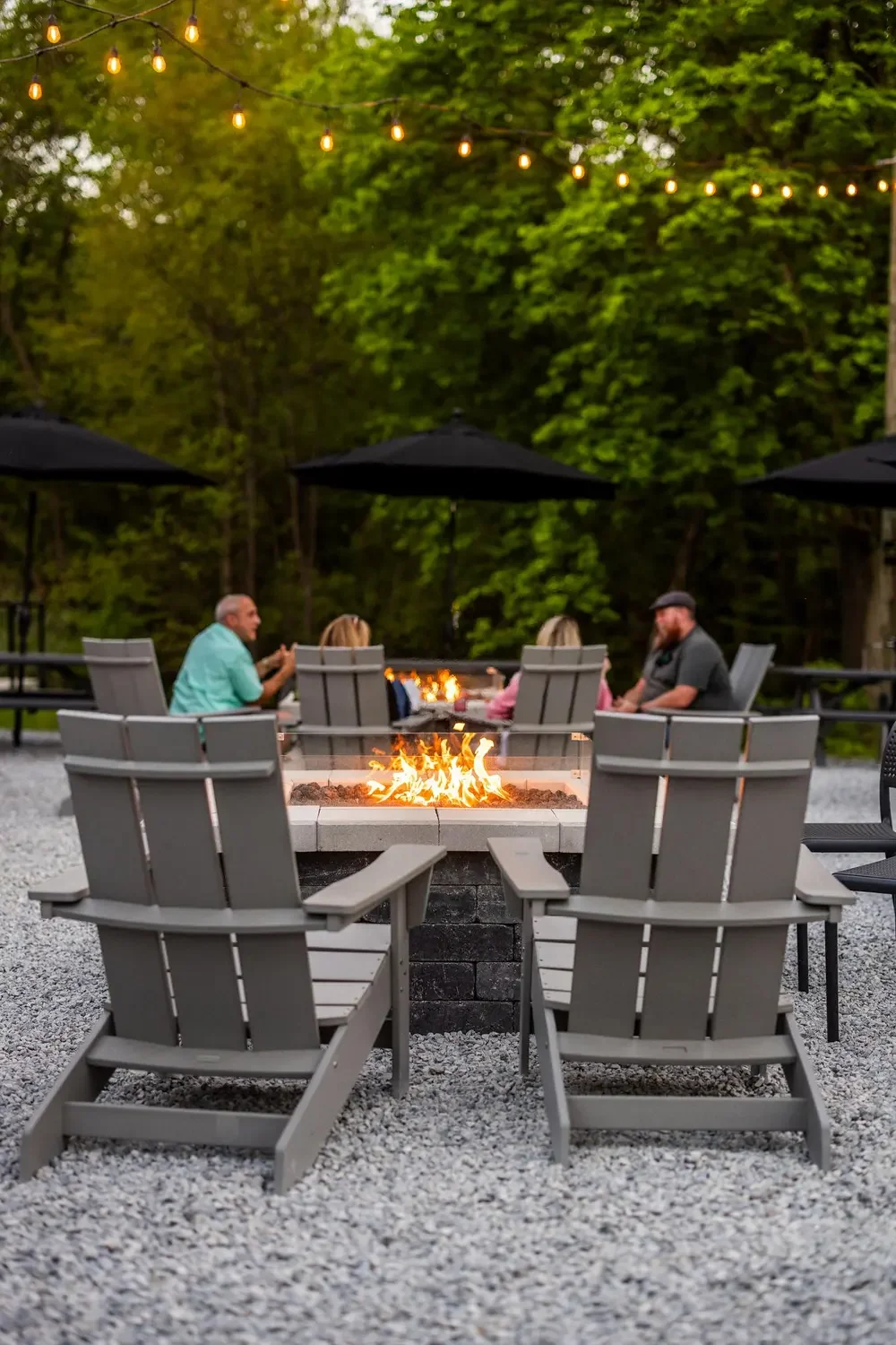 People sitting around an outdoor fire pit in a backyard with string lights and trees in the background.