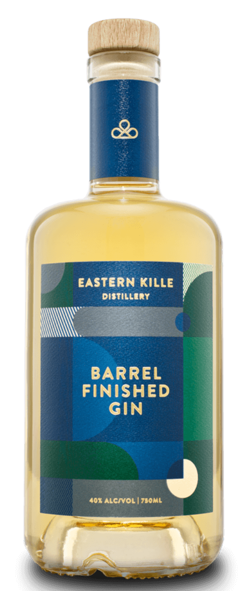 Bottle of Barrel Finished Gin from Eastern Kille Distillery with a colorful label and a wooden cap.
