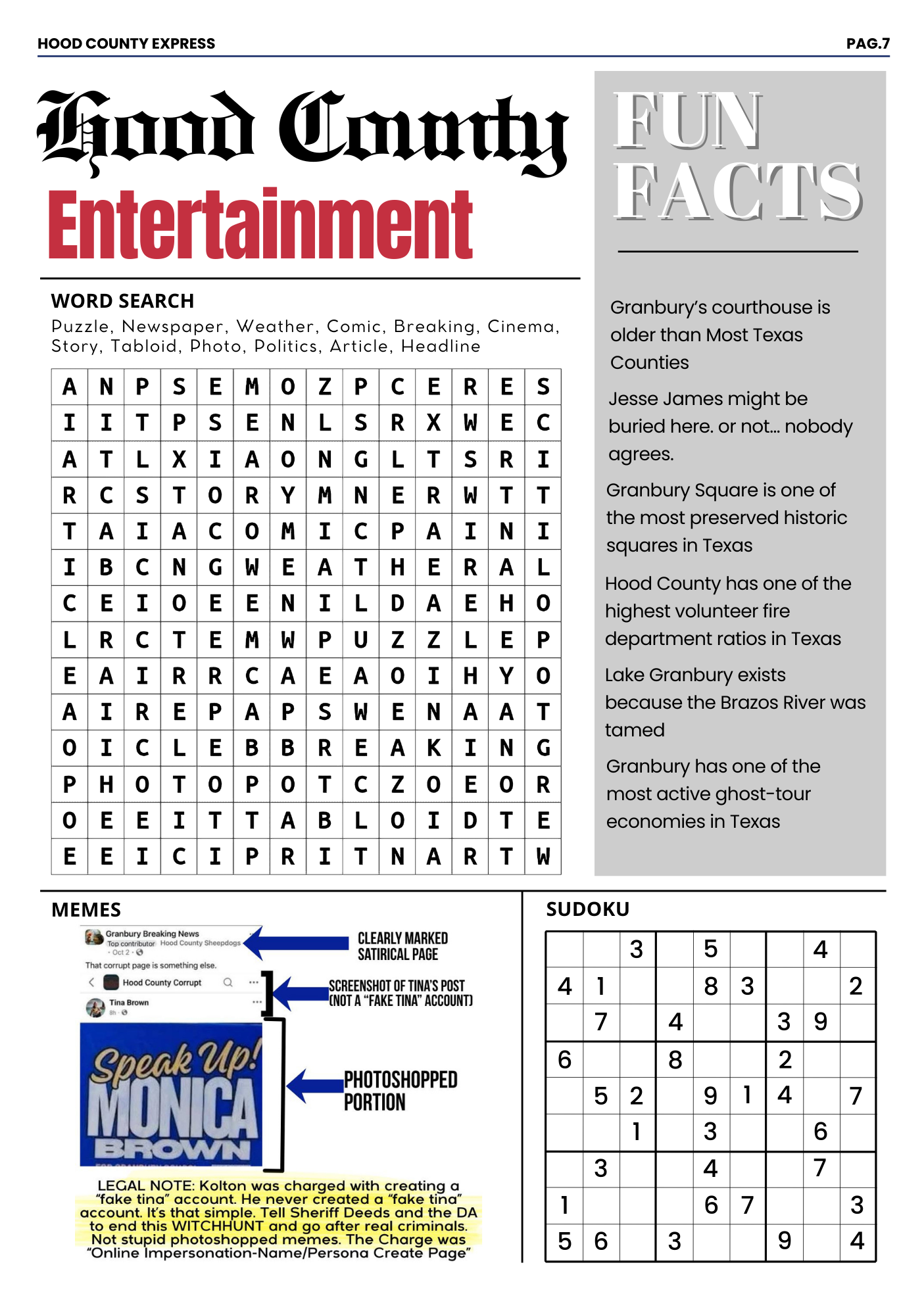 A newspaper page from Hood County Express with the title 'Good County' and sections including Fun Facts, a word search, memes, and a Sudoku puzzle.