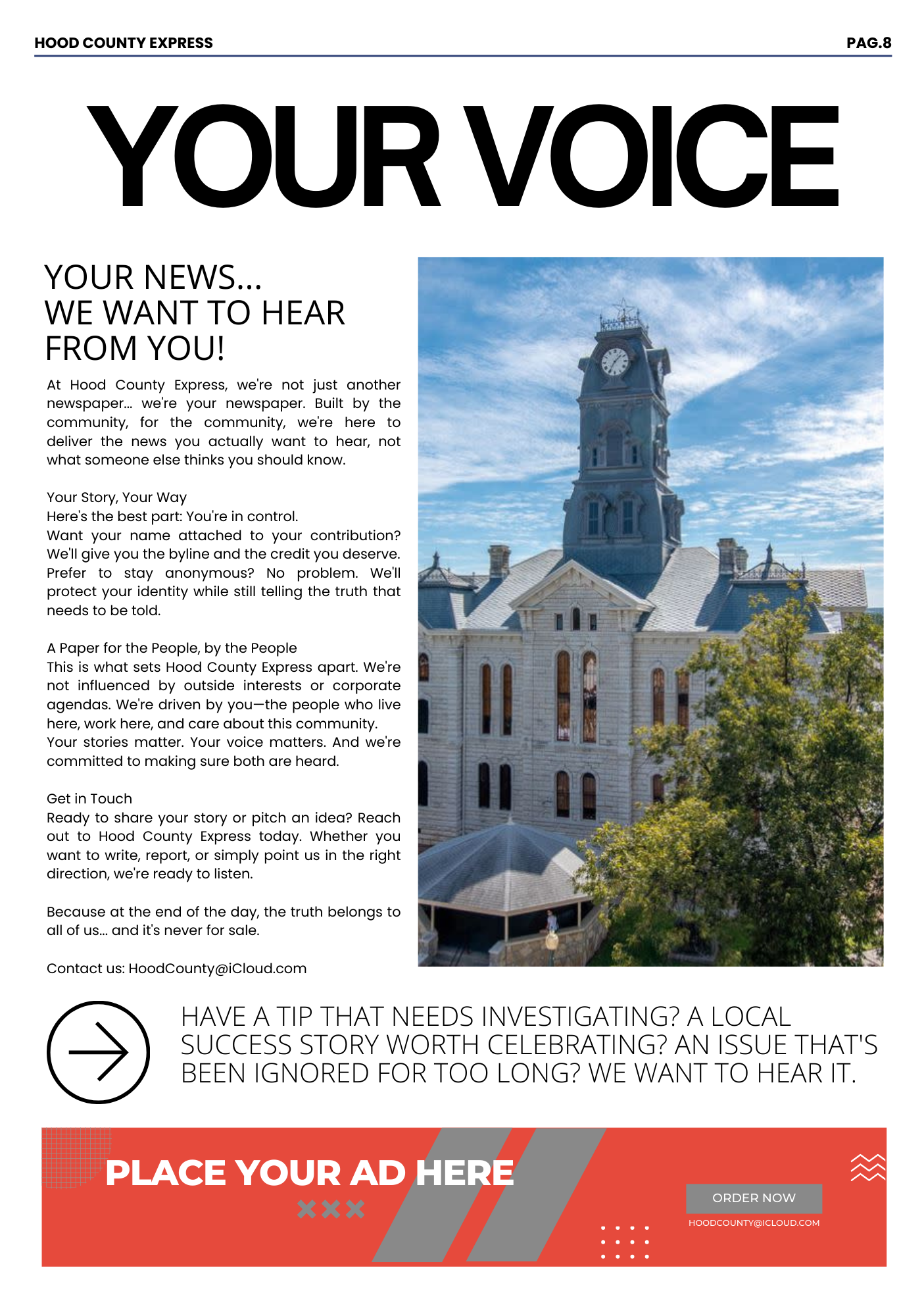 A newspaper page from Hood County Express with the headline "Your Voice" and a picture of a historic courthouse with a clock tower under a blue sky.