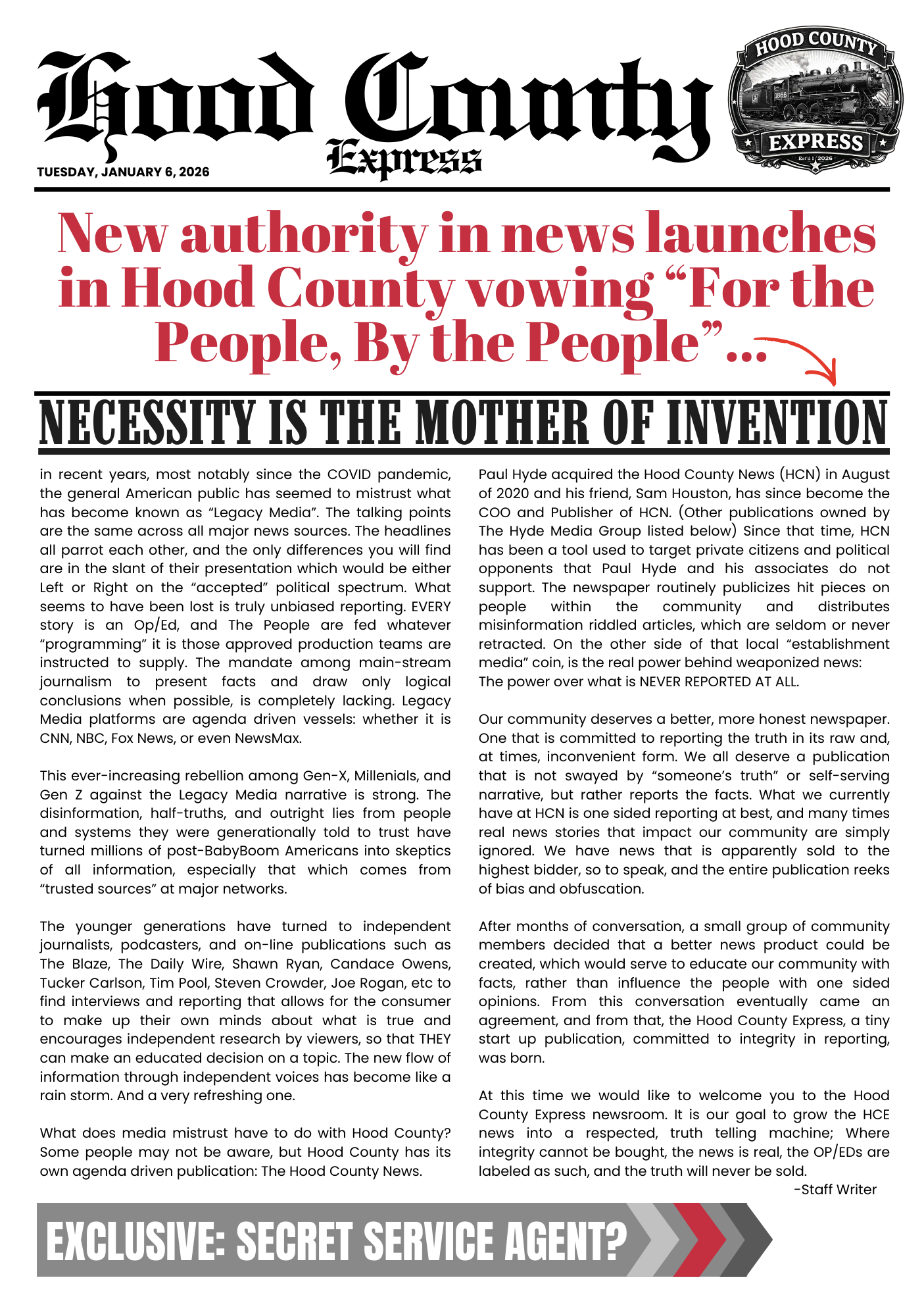 Front page of Hood County Express newspaper with headline 'New authority in news launches in Hood County vowing 'For the People, By the People'...'. The main headline reads 'NECESSITY IS THE MOTHER OF INVENTION'. The page contains an article discussi