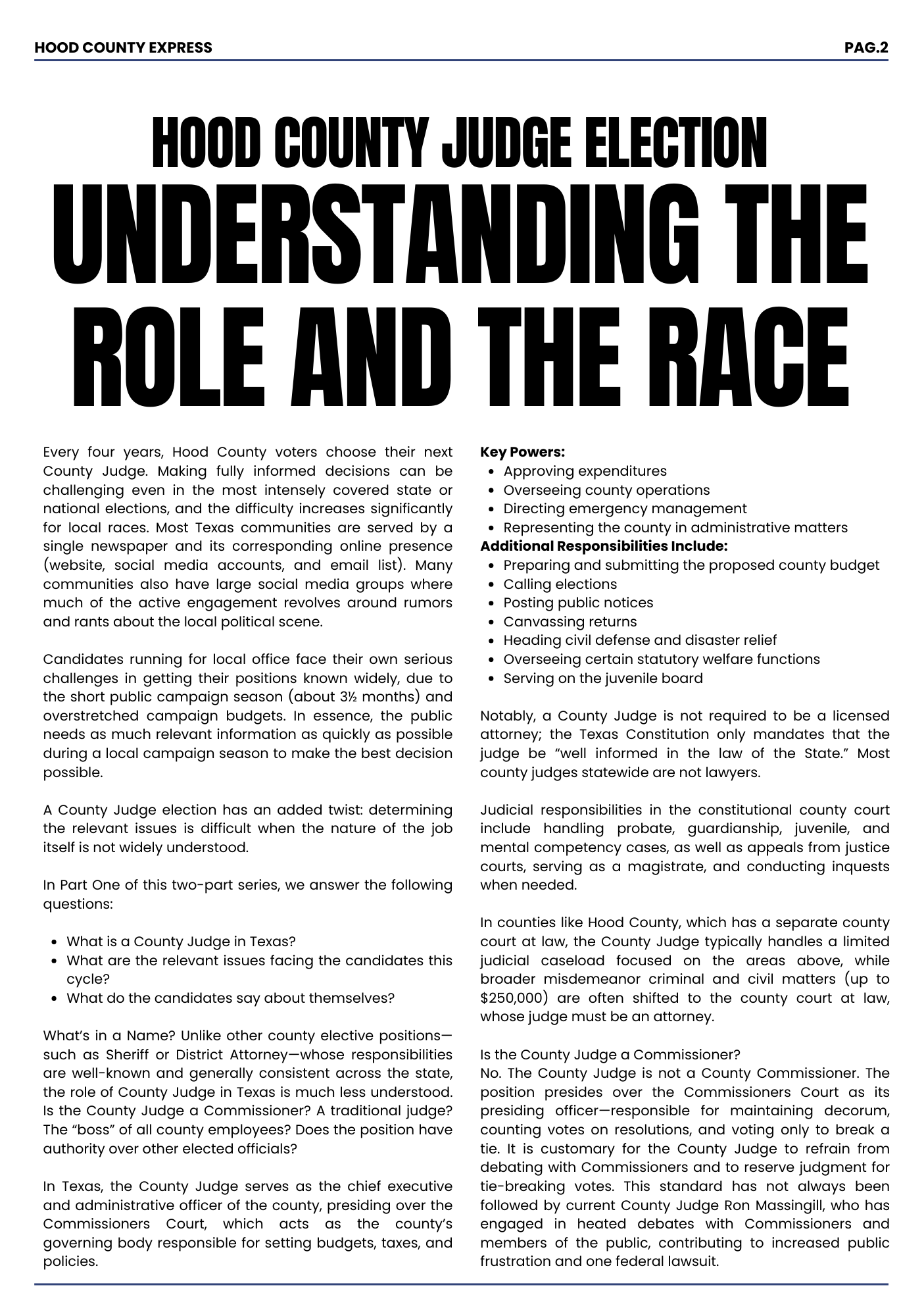 Hood County Judge Election article discussing election process, duties, and responsibilities of the county judge in Texas.