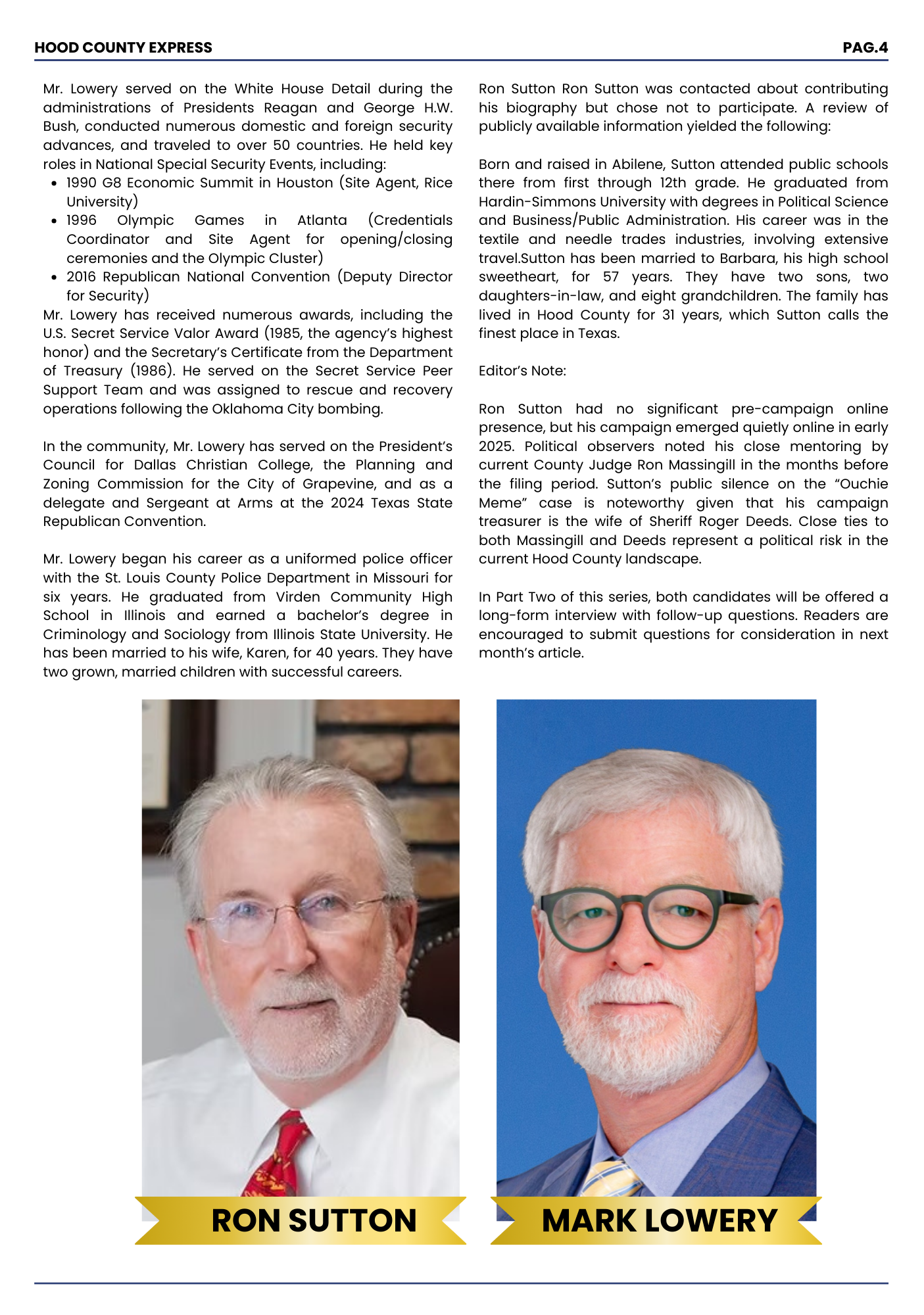 Photographs of Ron Sutton and Mark Lowery with their names on gold banners at the bottom of each image.