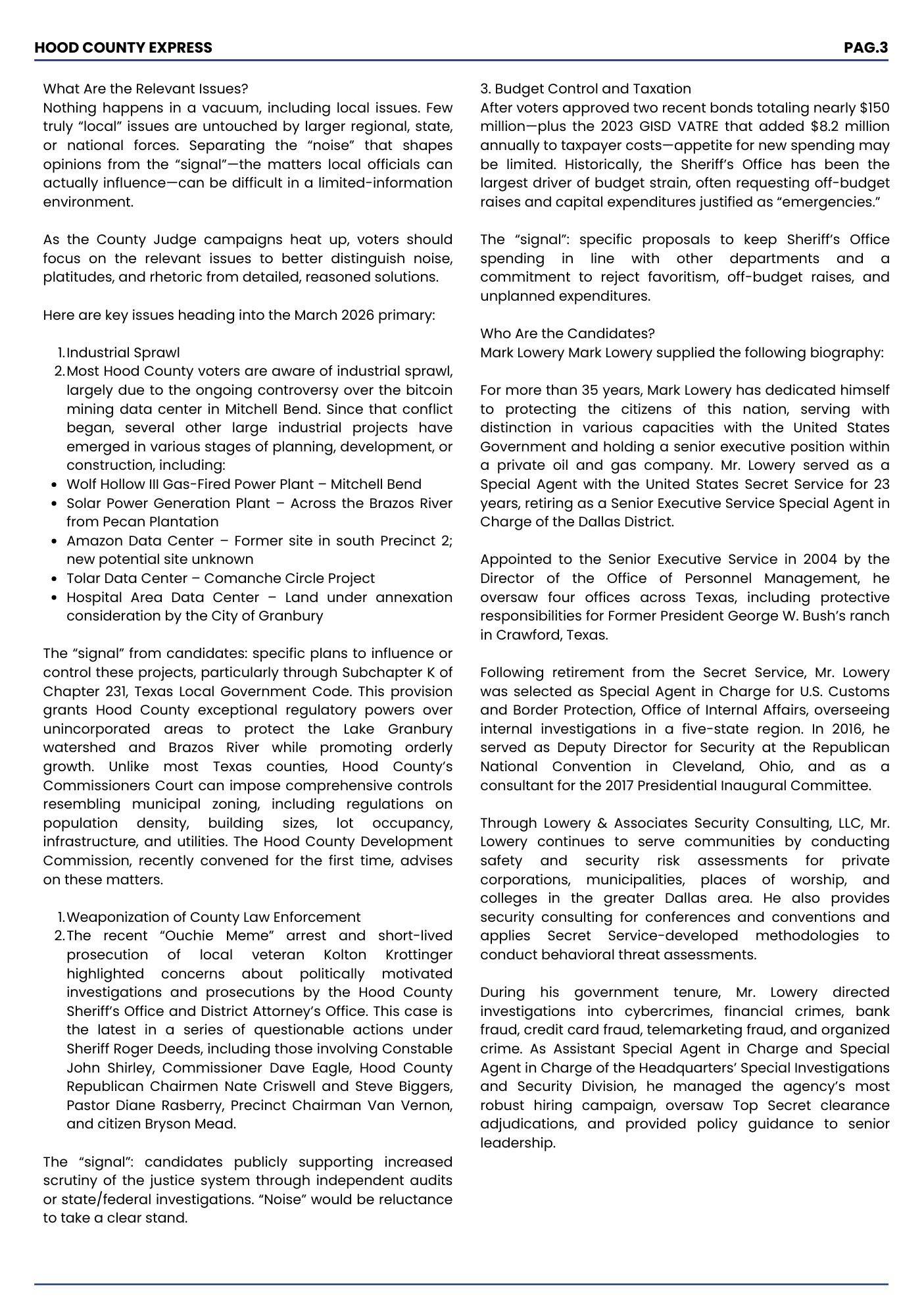 A newspaper page titled 'Hood County Express' discussing local political issues and candidate biographies, including topics like economic development, law enforcement, and government oversight.