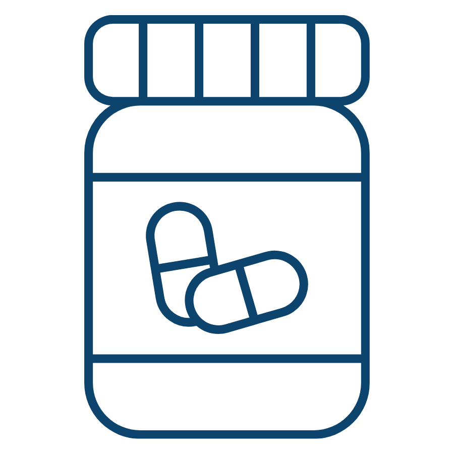 Line drawing of a medication bottle with two pills inside.