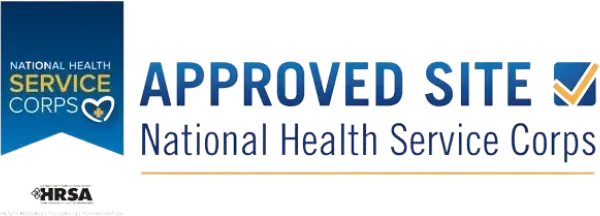 National Health Service Corps Approved Site badge with blue background and check mark