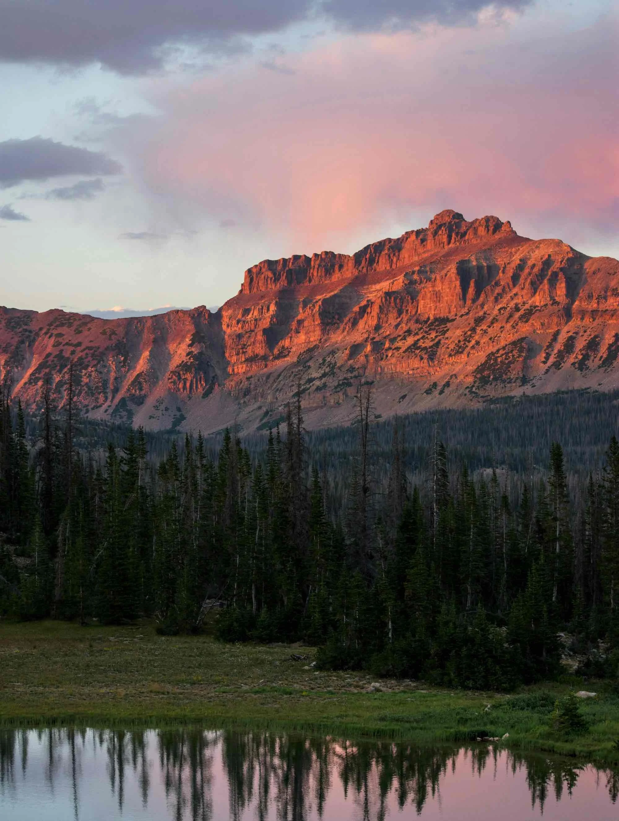 Sunset illuminating a mountain range with orange hues, a forested area with tall pine trees, and a calm lake reflecting the scene in the foreground.