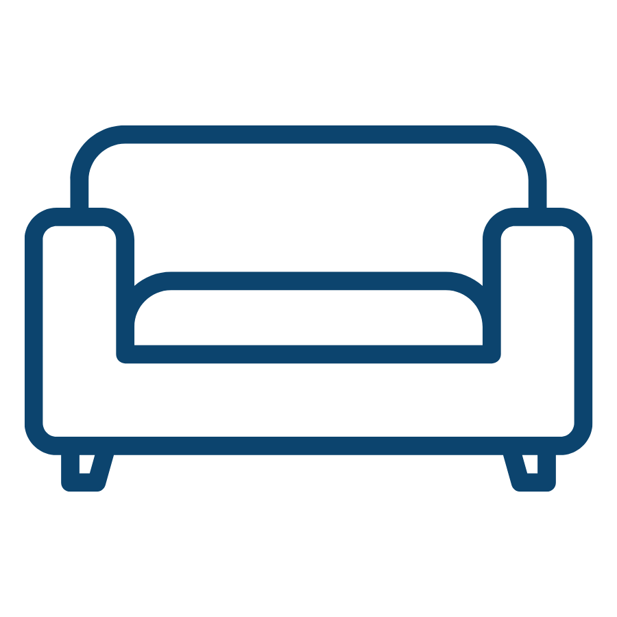 Blue line drawing of a sofa with armrests and cushions on a black background.
