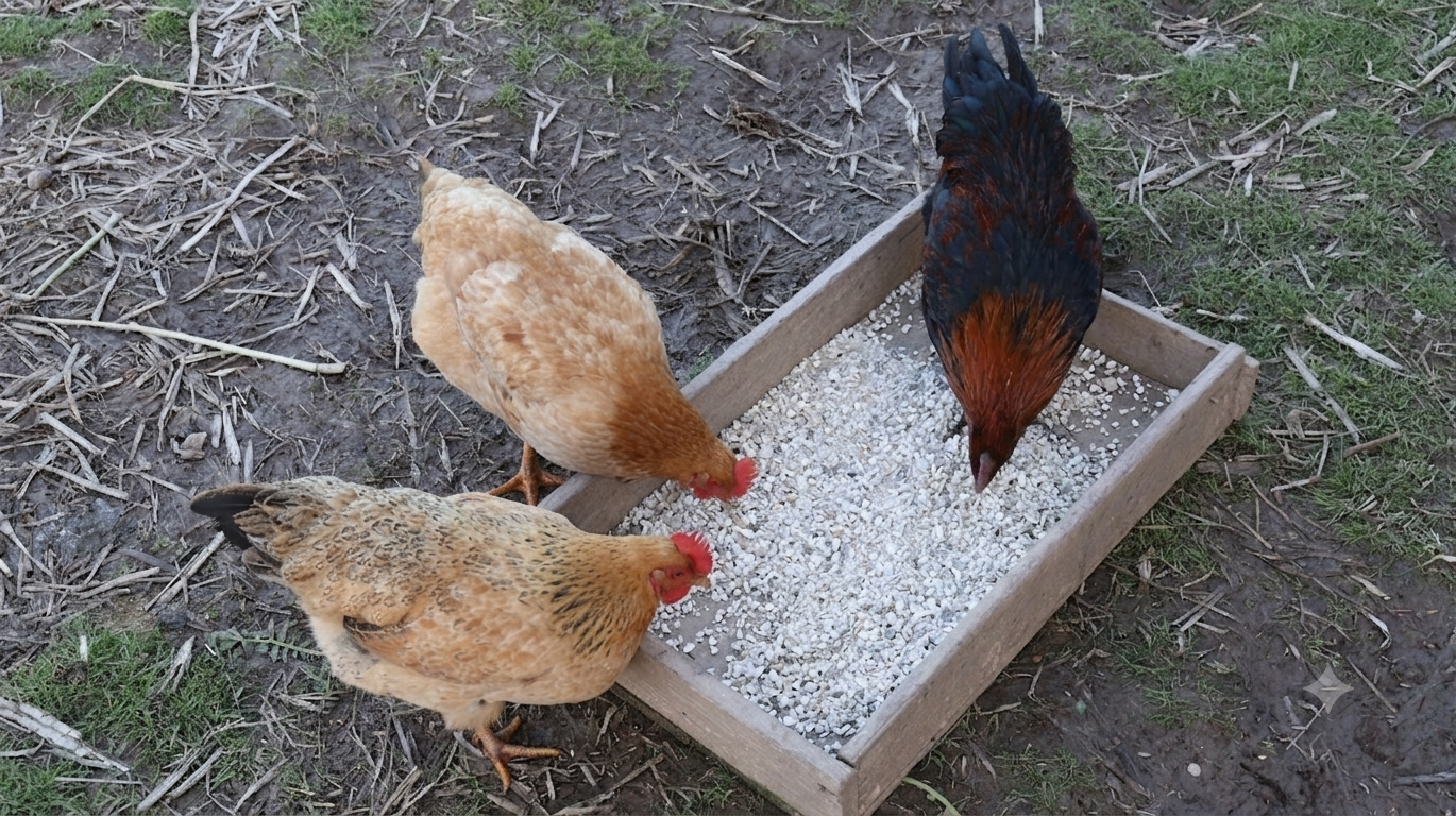 Three chickens, two with brown feathers and one with multicolored black and brown feathers, peck at a rectangular wooden feeder filled with Oxwhale's crushed oyster shells outside on muddy ground with patches of grass.