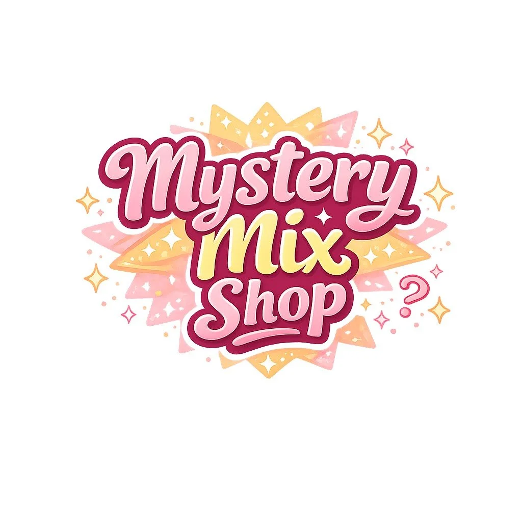 Colorful logo for 'Mystery Mix Shop' with pink, yellow, and orange text surrounded by stars and sparkles.