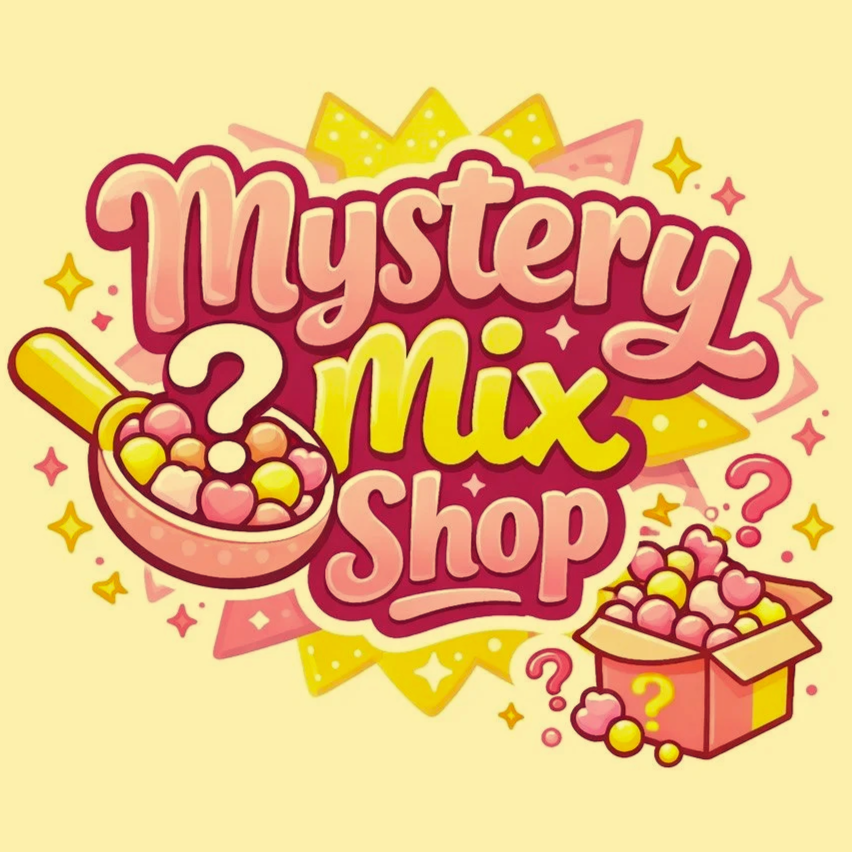 Colorful logo for "Mystery Mix Shop" featuring a scoop of multicolored candy, a box of candies, and playful design elements.