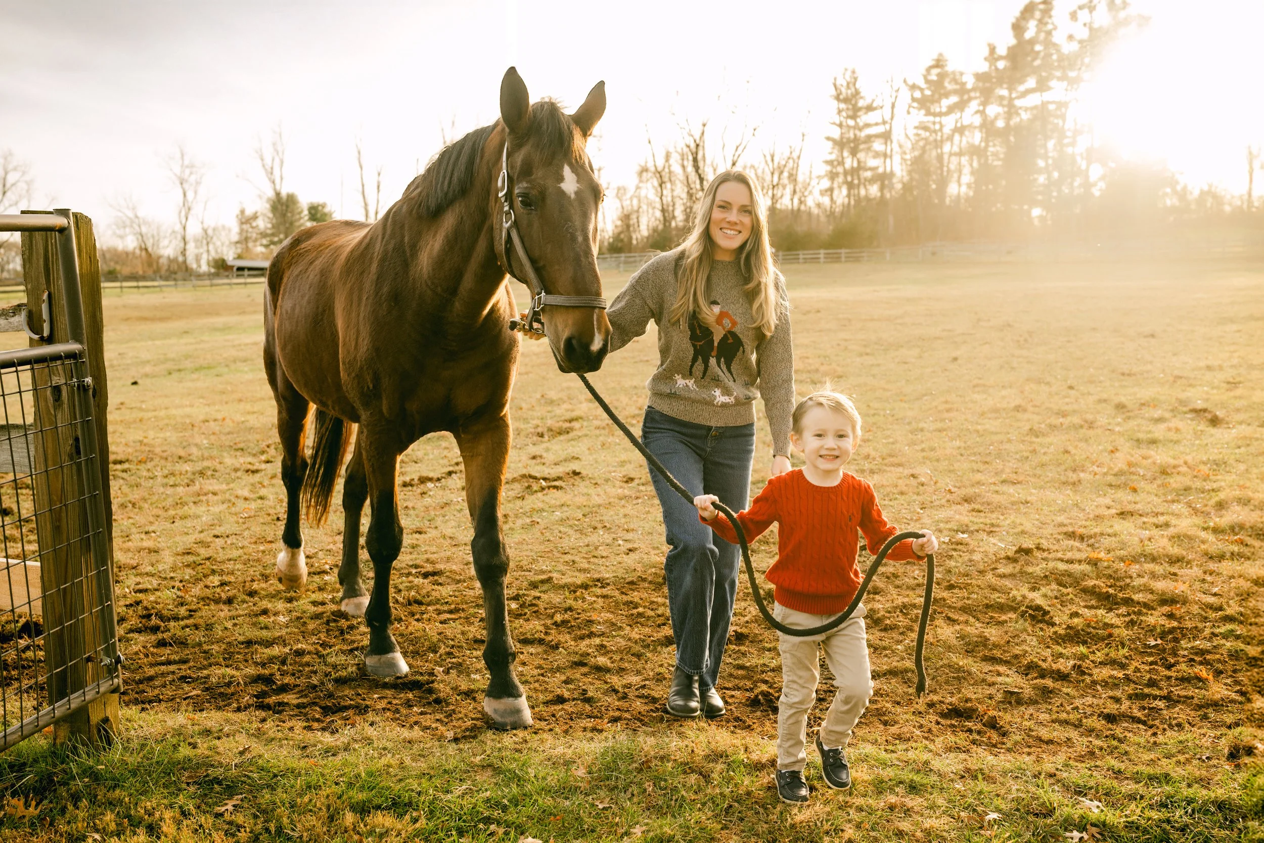 A woman and a young girl are outside on a farm or park, holding the lead of a brown horse. The woman wears a gray sweater with horse images, and the girl is in a red sweater. The sun is setting or rising, casting a warm glow over the scene.