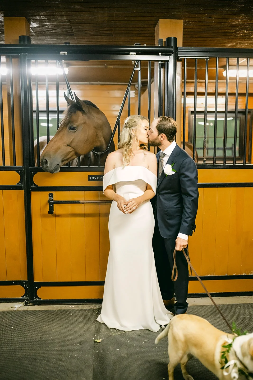 A bride and groom sharing a kiss in front of a horse in a stable, with a dog in the foreground.