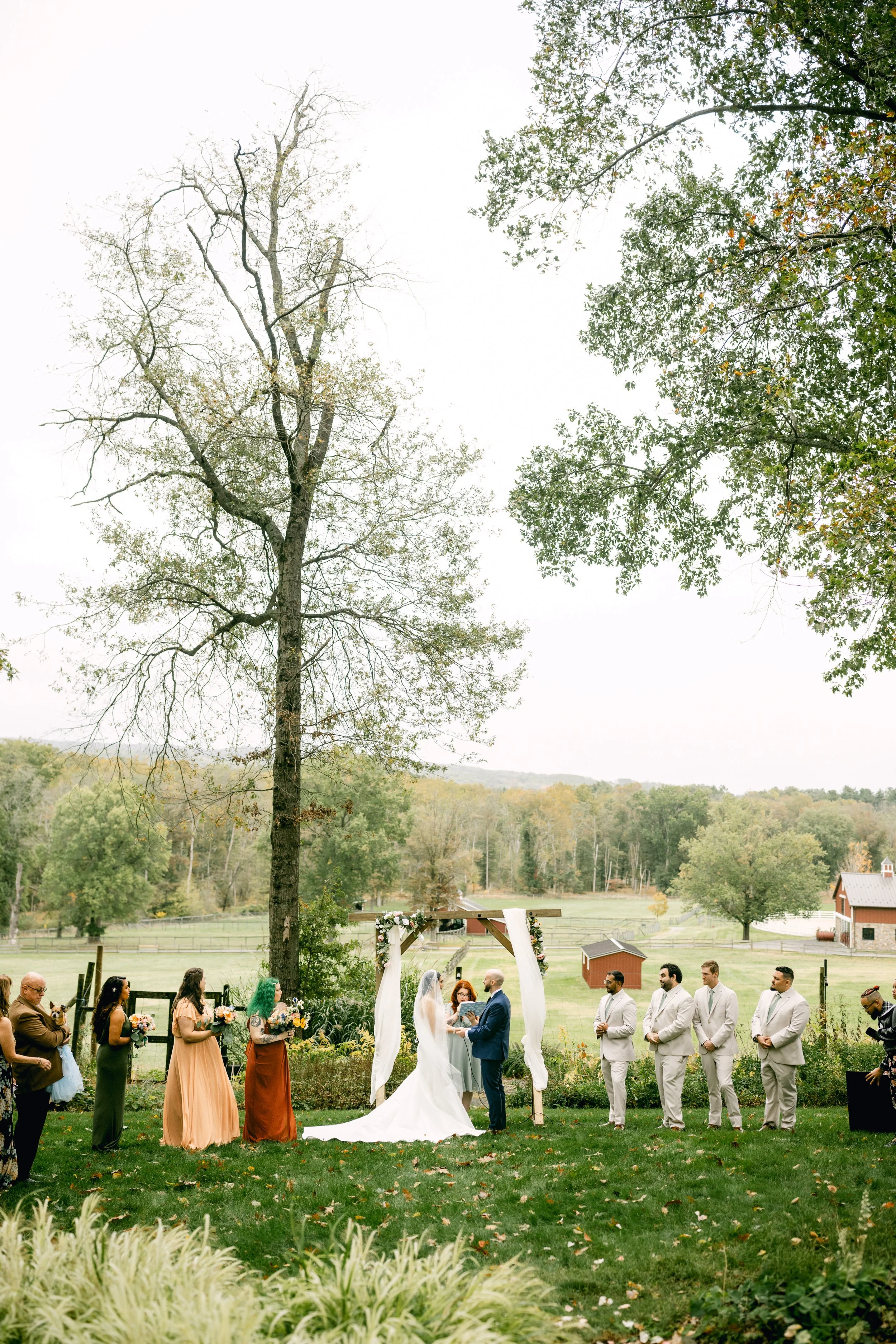 Outdoor wedding ceremony with a bride and groom exchanging vows under a wooden arch decorated with flowers, surrounded by friends and family on a green lawn with trees and a rural landscape in the background.
