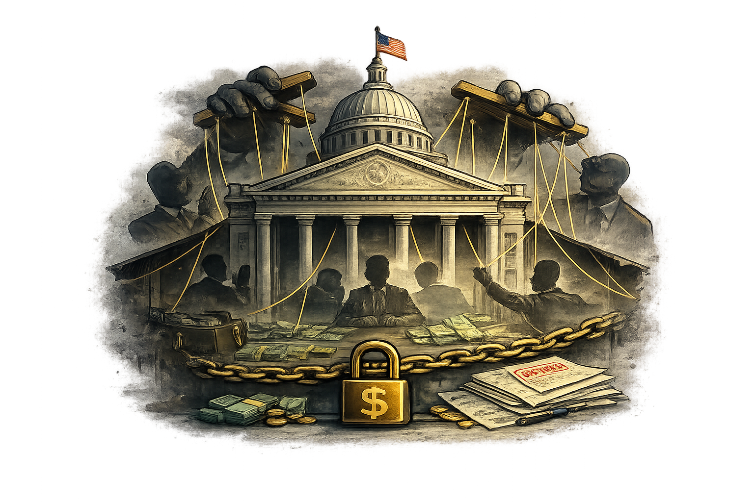 Illustration of the U.S. Capitol building surrounded by businesspeople, stacks of money, documents, and a large lock with a dollar sign, connected by a chain, symbolizing financial control over government.