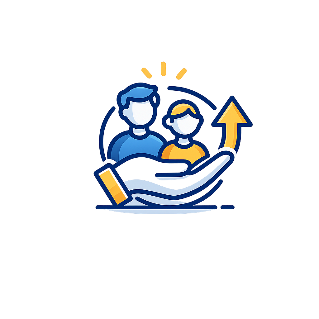 Illustration of two people with an upward arrow and a hand, representing growth or progress.