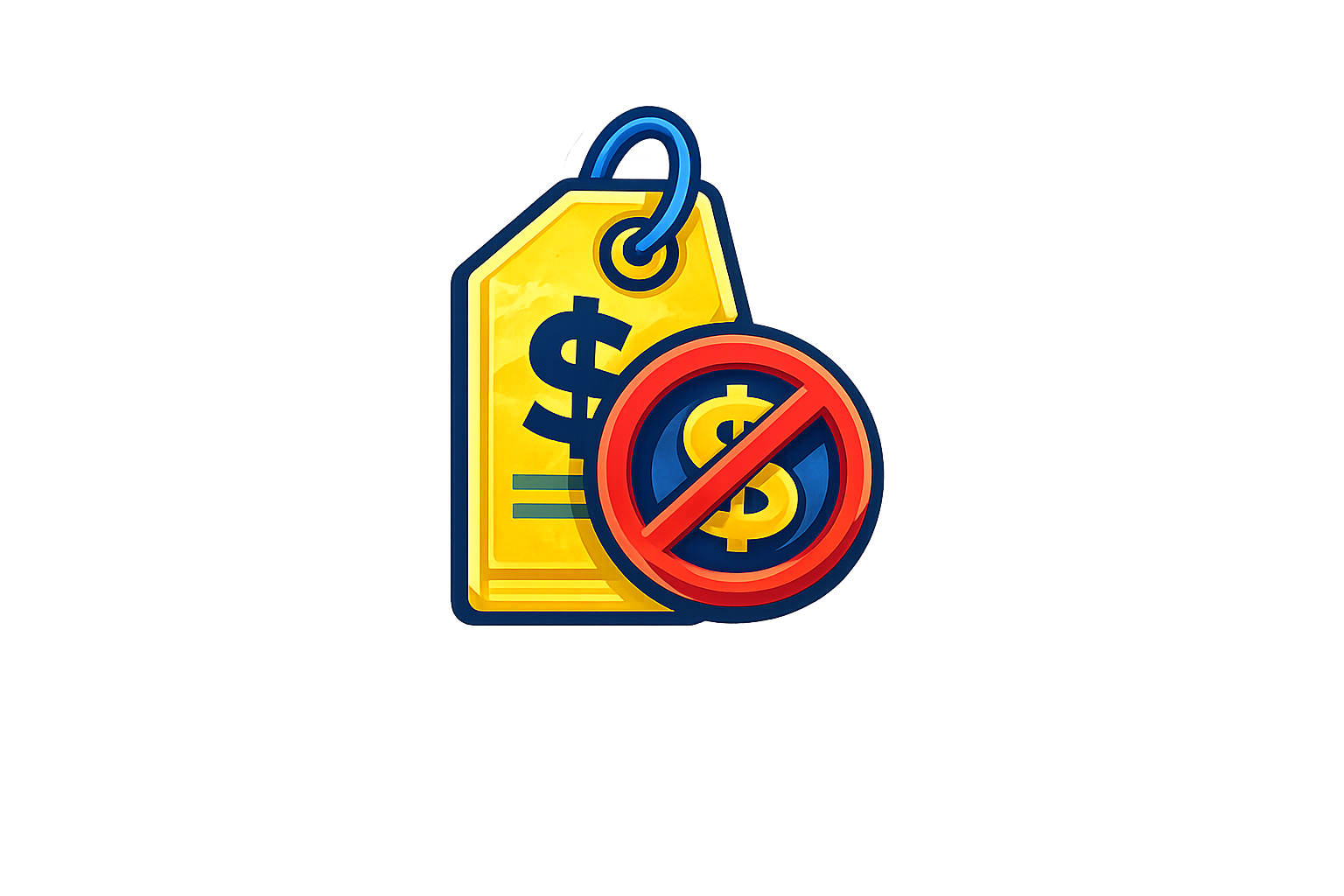 A yellow price tag with a dollar sign and a red circle with a slash over a dollar sign symbol, indicating no cost or free.