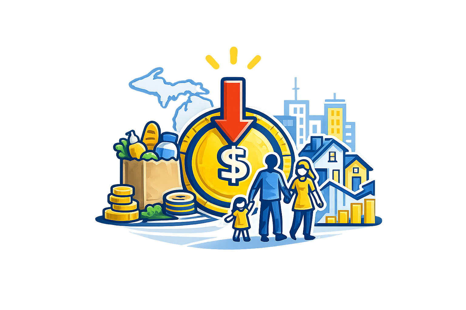 Illustration showing a family of four holding hands in front of a large coin with a dollar sign, with a downward red arrow, surrounded by buildings, houses, and coins, symbolizing a decrease in housing costs or mortgage rates.