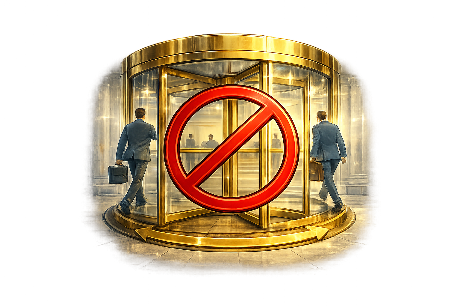 Two businessmen in suits with briefcases entering a revolving door with a large red prohibition sign in front.