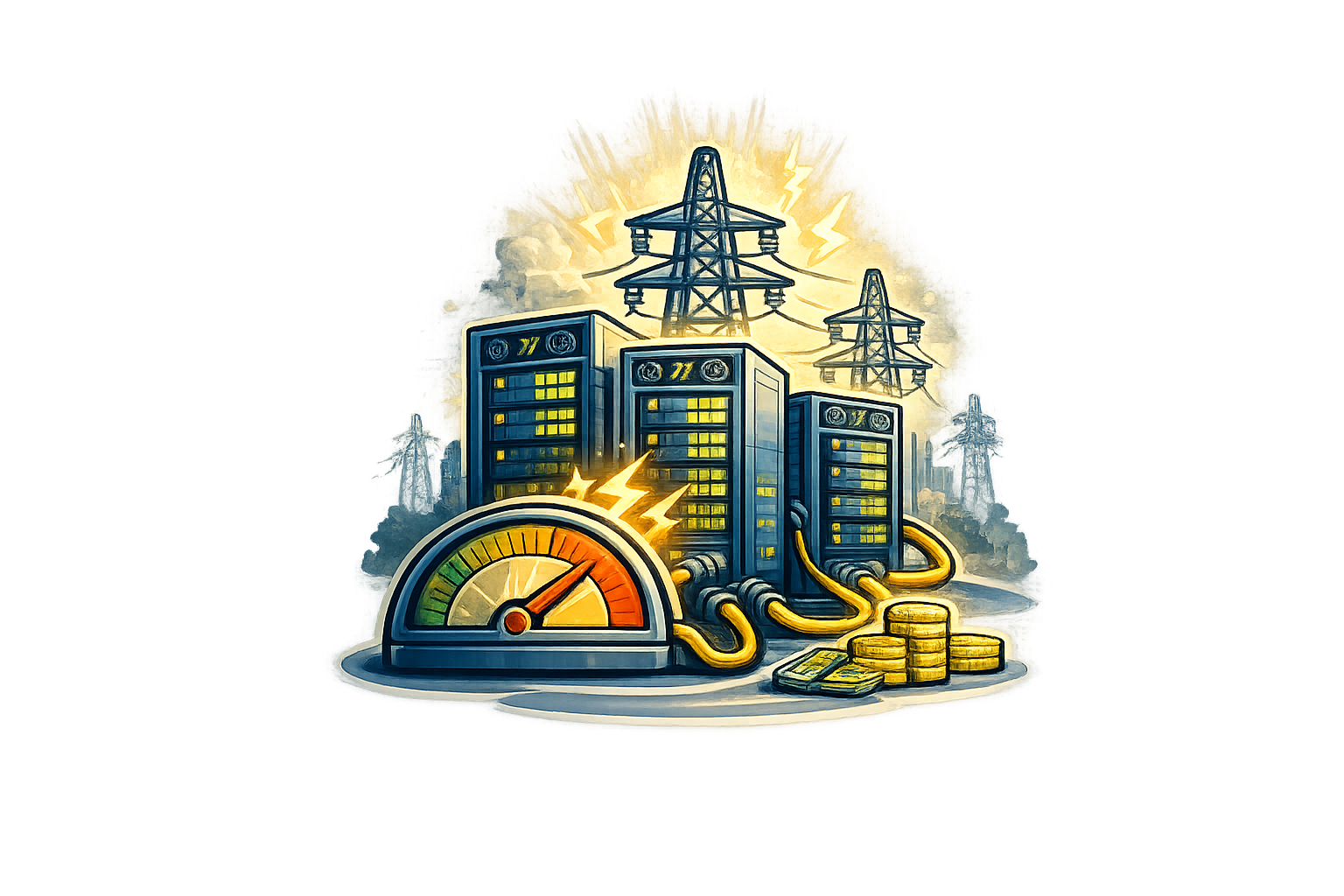 Illustration of electrical power infrastructure including power lines, transformers, circuit meters, stacks of coins, and a gauge indicating high energy consumption, with a cloudy sky background.