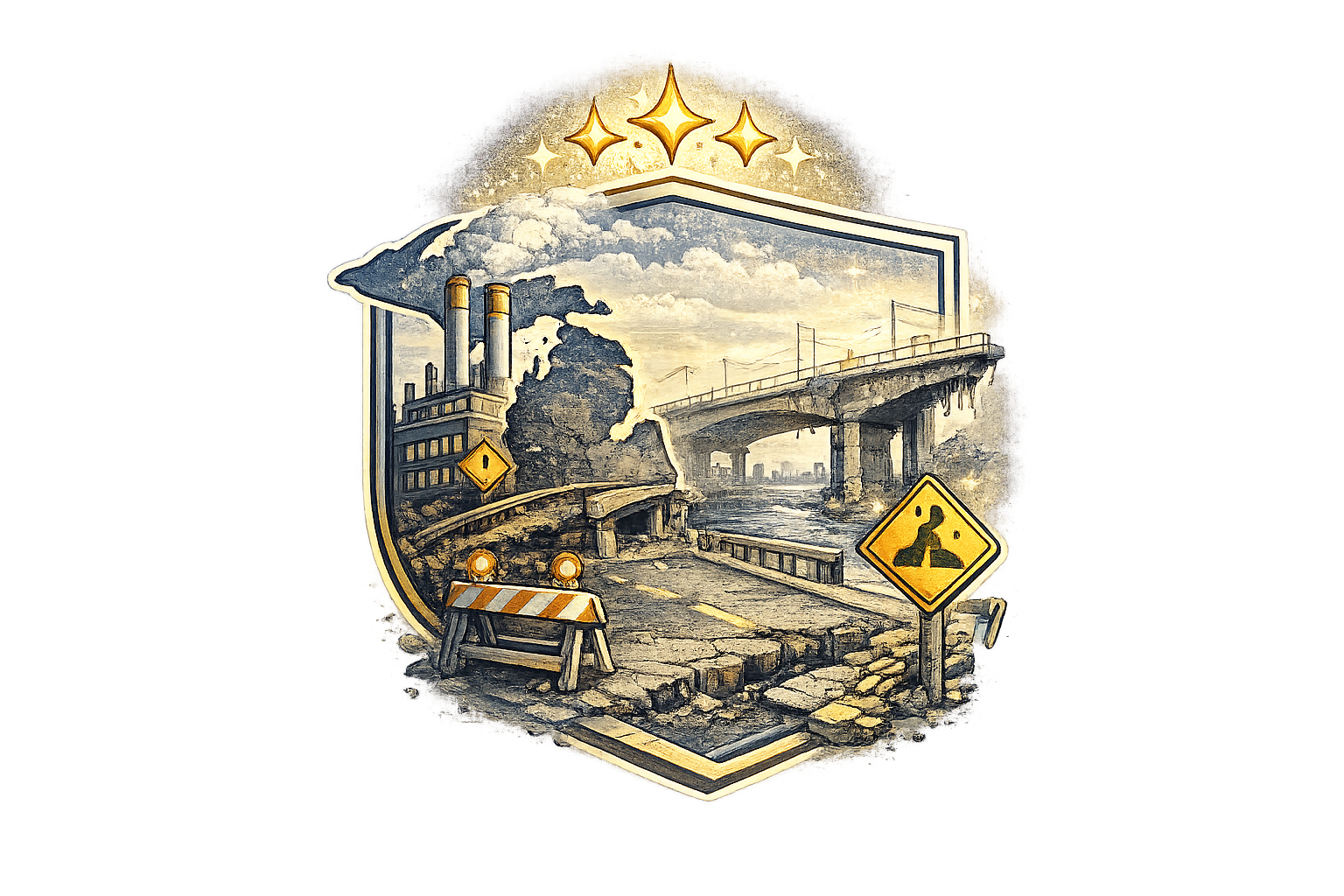 A painting of a damaged highway with cracked pavement, crumbling road edges, and warning signs, set against an industrial cityscape with smoke stacks emitting pollution. Bright stars are illustrated above, giving a surreal touch.
