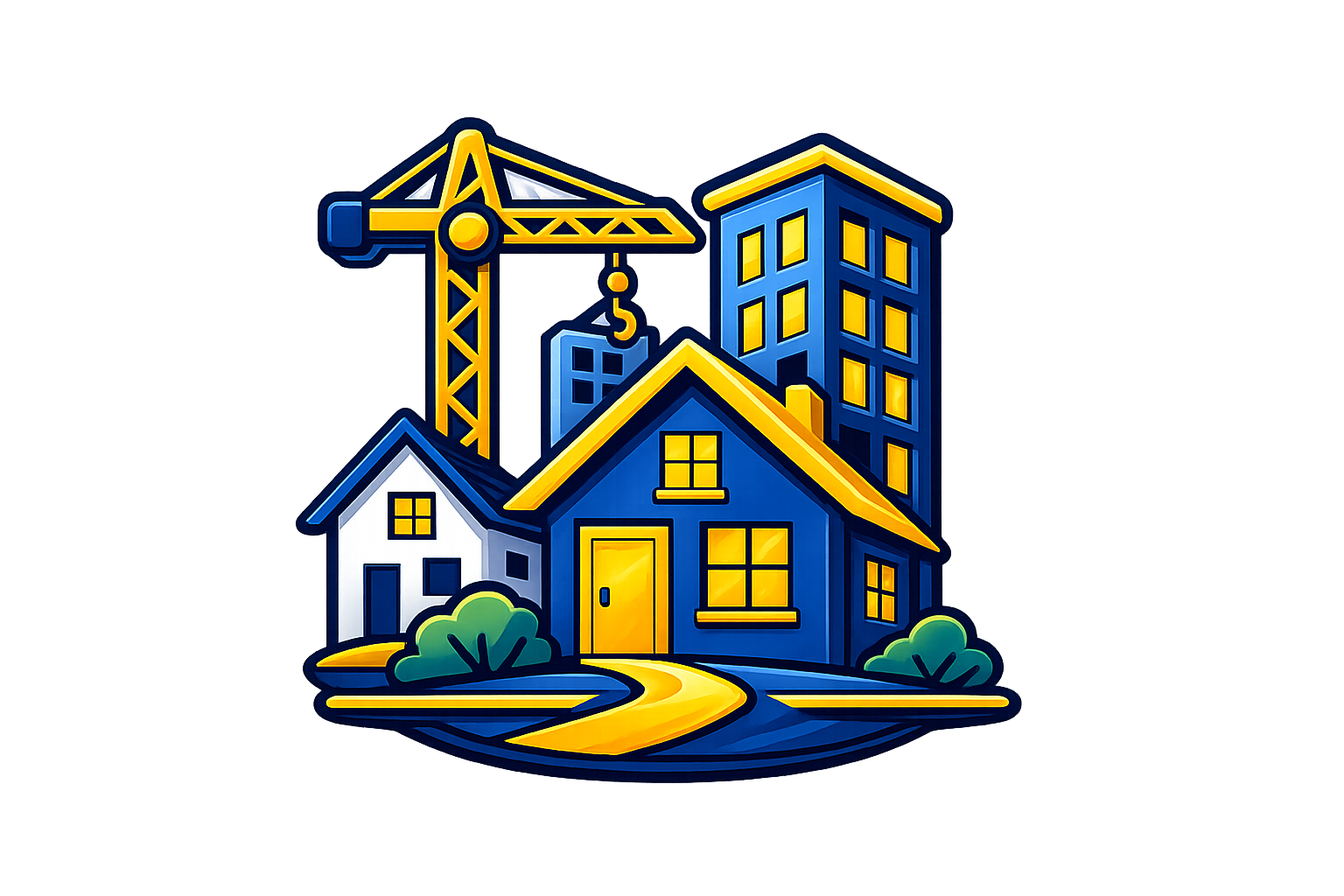 Illustration of a construction site with a crane and buildings, including houses and an apartment building, in neon colors.