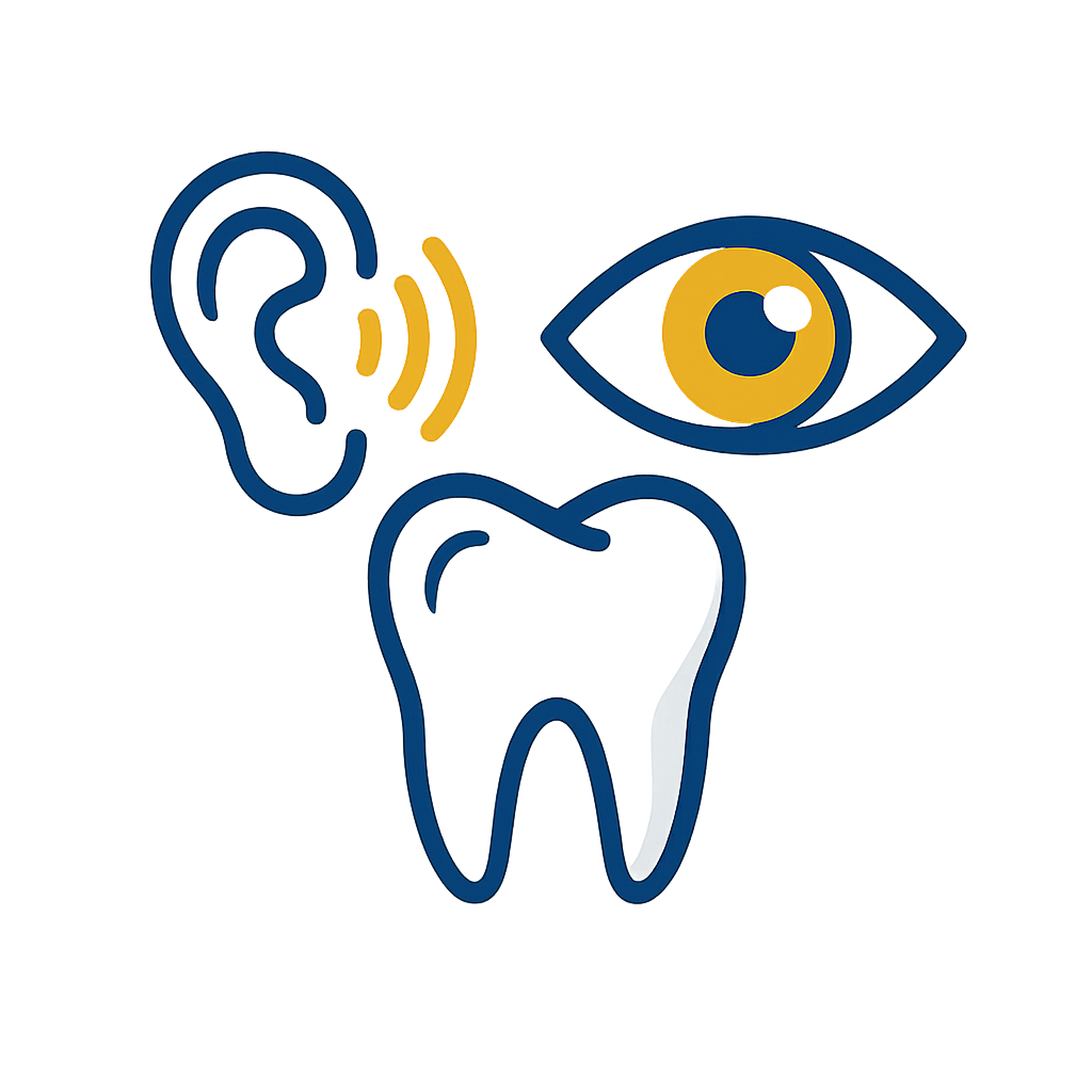 Neon-style digital illustration of a tooth, an ear with sound waves, and an eye, symbolizing dental, auditory, and eye health.