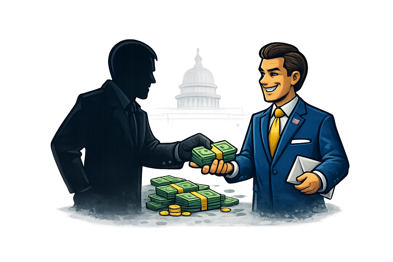An illustration of a man in a suit exchanging a stack of money for a document with a smiling man in a suit, with the U.S. Capitol building in the background.