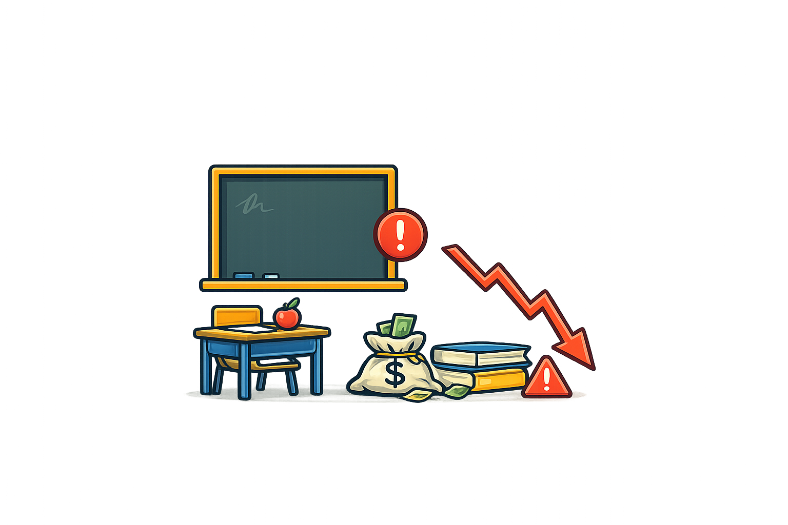 Classroom with a downward trending graph, exclamation marks, a blackboard, and school supplies indicating educational decline or warning.