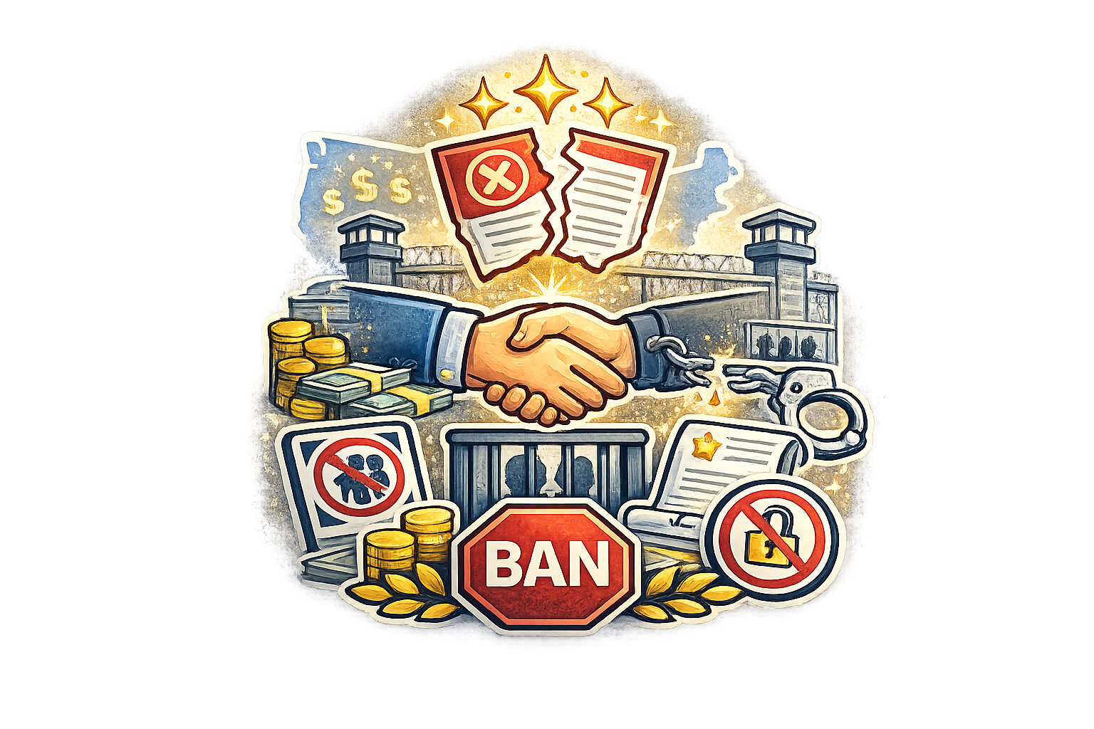 Illustration depicting a handshake between two people in front of a prison with bars, surrounded by symbols representing money, a banned sign, handcuffs, and documents, with a large stop sign that says "BAN" and icons showing restrictions on people and privacy.