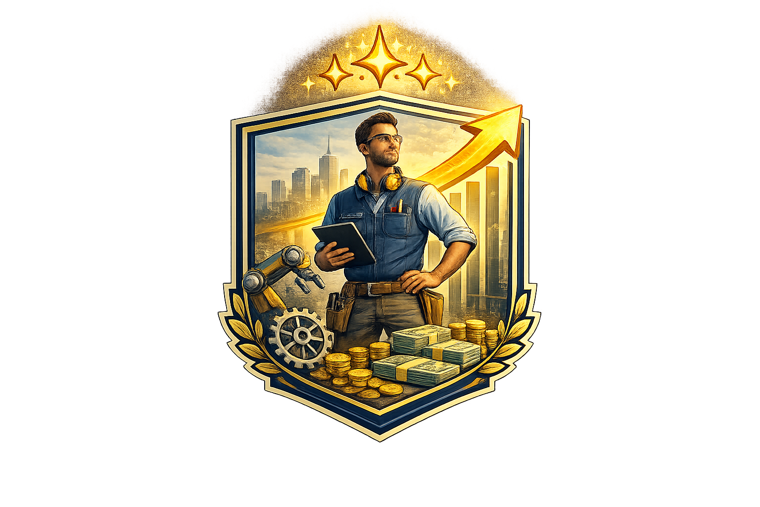 A businessman with a cityscape background, gold coins, stacks of cash, and gears, with an upward trending arrow and stars above, symbolizing wealth and growth.