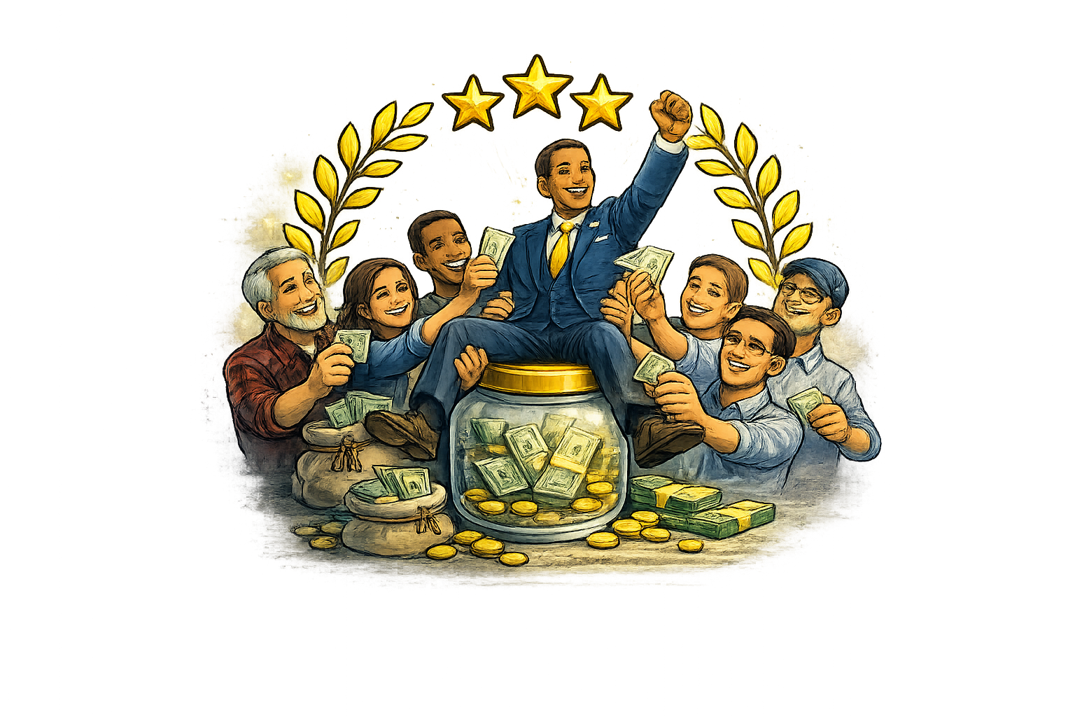 A group of people in a cartoon style gathered around a wealthy man sitting on a large jar filled with cash and gold coins, with stacks of money, gold coins, and money bags surrounding them. The man on the jar is celebrating with his fist raised. In the background, there is a laurel wreath and five gold stars, symbolizing success or achievement.