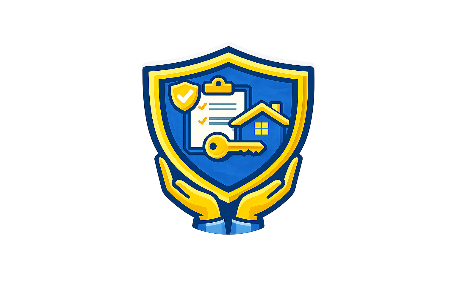 A shield emblem with a house, a key, a checkmark on a clipboard, and a shield with a checkmark, all held by two yellow hands, symbolizing home security and protection.