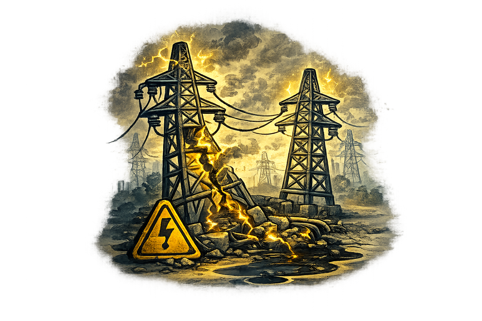 A digital painting of damaged electrical transmission towers with sparks and lightning, surrounded by a war-torn landscape with dark, stormy clouds and a warning sign with a lightning bolt symbol.